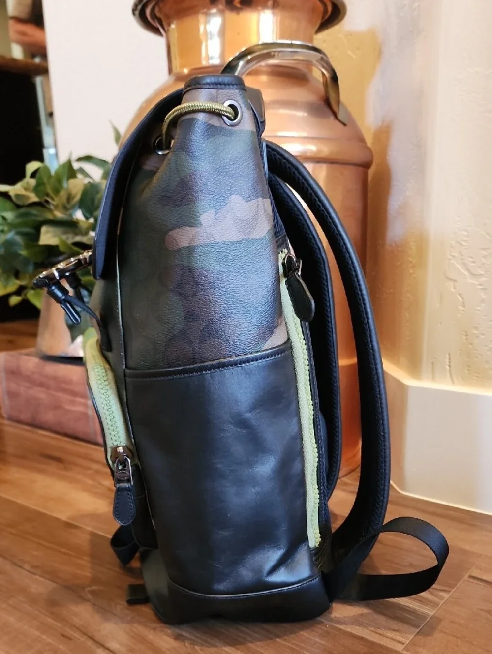 Coach Men's Camo Backpack with Black Leather Flap and Lime Green Logo